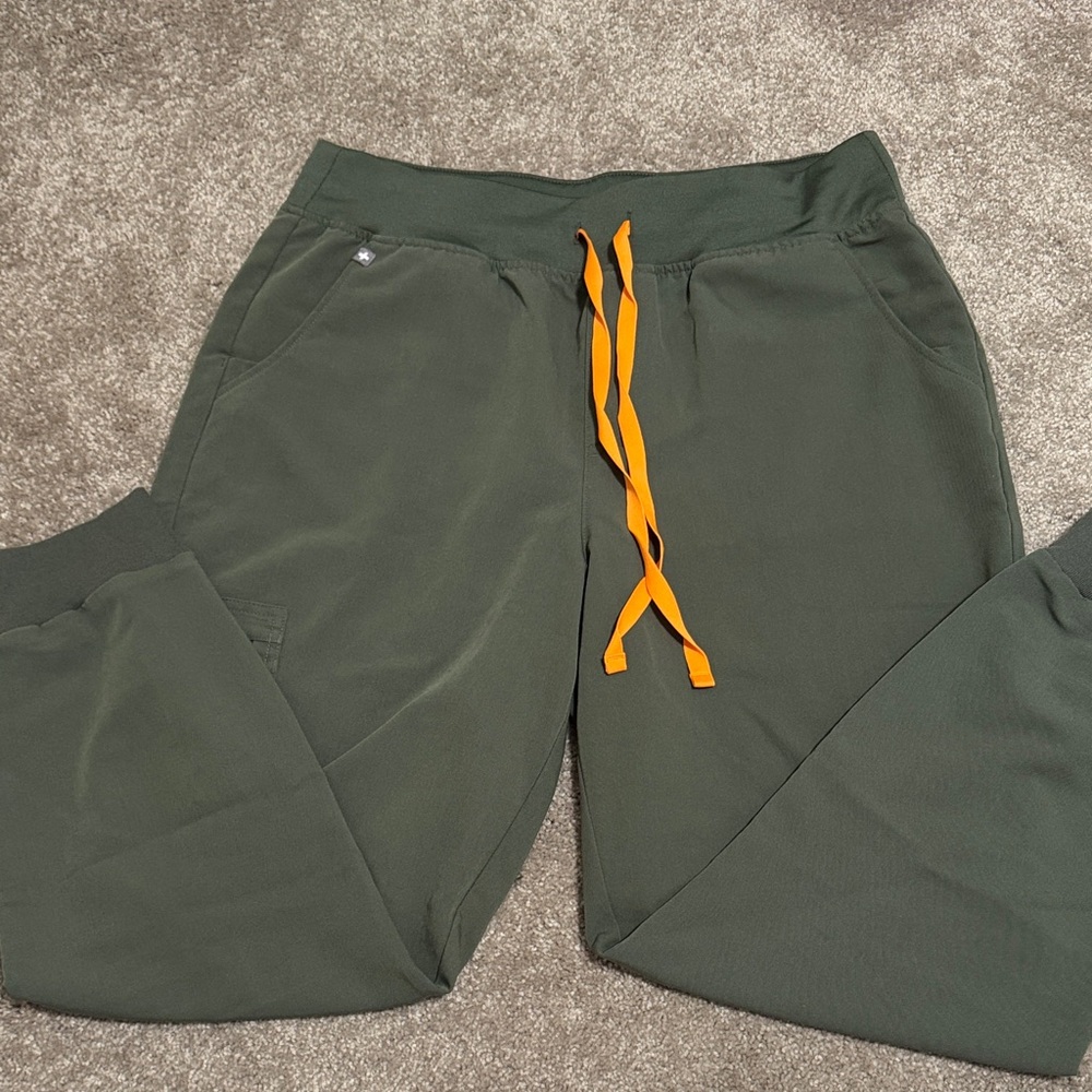 Fig Green Joggers Scrubs with Orange Drawstring